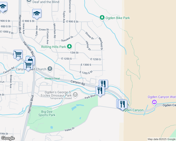 map of restaurants, bars, coffee shops, grocery stores, and more near 1300 1650 East in Ogden