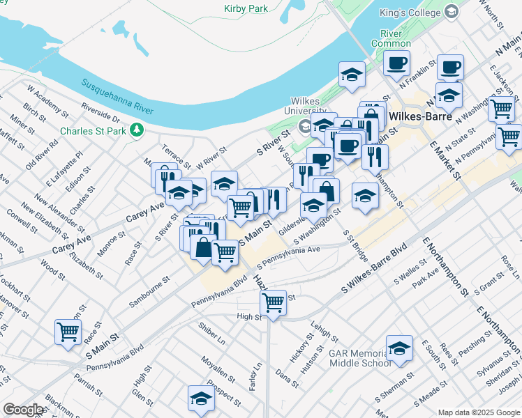 map of restaurants, bars, coffee shops, grocery stores, and more near Barnum Place in Wilkes-Barre