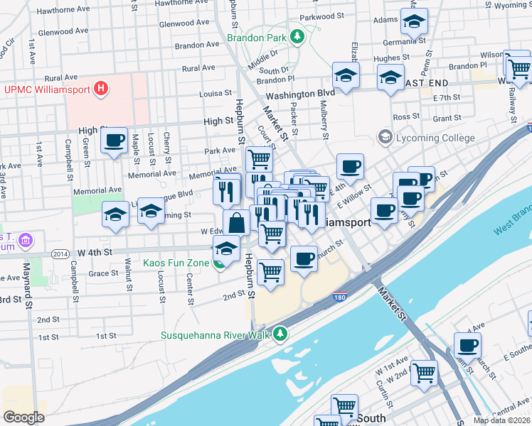 map of restaurants, bars, coffee shops, grocery stores, and more near 412 William Street in Williamsport