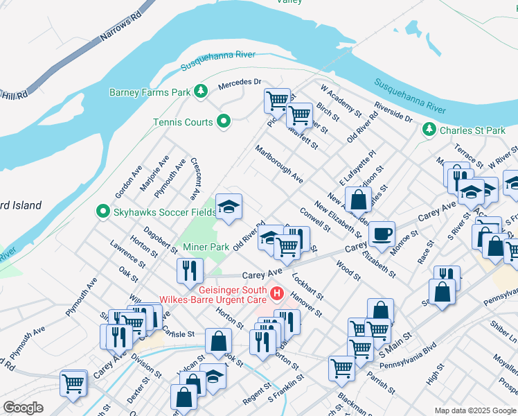 map of restaurants, bars, coffee shops, grocery stores, and more near 281 Old River Road in Wilkes-Barre