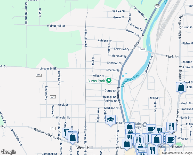 map of restaurants, bars, coffee shops, grocery stores, and more near 422 Grant Street in Sharon