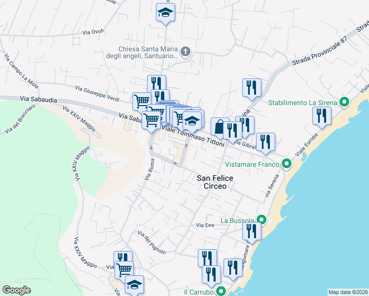 map of restaurants, bars, coffee shops, grocery stores, and more near 51B Via del Principe Stanislao Poniatowskj in San Felice Circeo