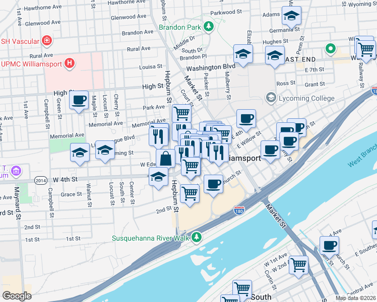 map of restaurants, bars, coffee shops, grocery stores, and more near 412 William Street in Williamsport