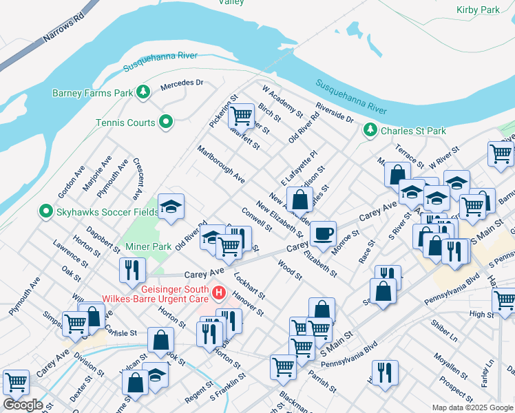 map of restaurants, bars, coffee shops, grocery stores, and more near 226 New Elizabeth Street in Wilkes-Barre