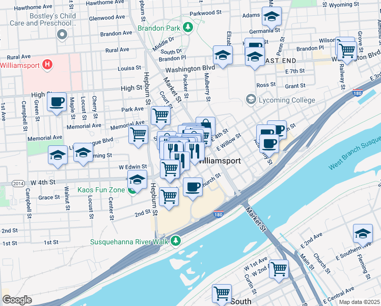 map of restaurants, bars, coffee shops, grocery stores, and more near 48 West 4th Street in Williamsport