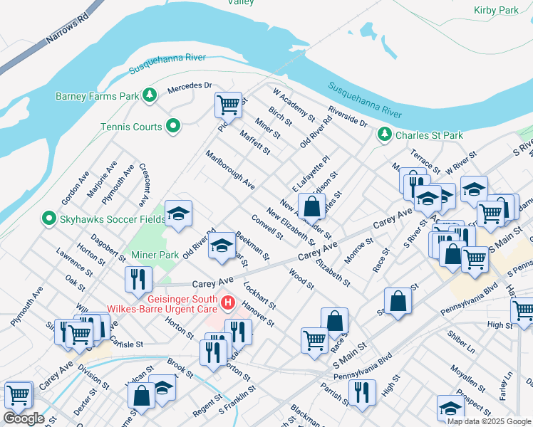 map of restaurants, bars, coffee shops, grocery stores, and more near 226 New Elizabeth Street in Wilkes-Barre