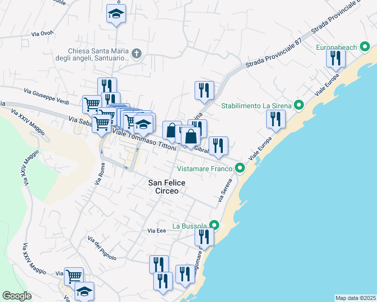 map of restaurants, bars, coffee shops, grocery stores, and more near 187/A Viale Tommaso Tittoni in San Felice Circeo