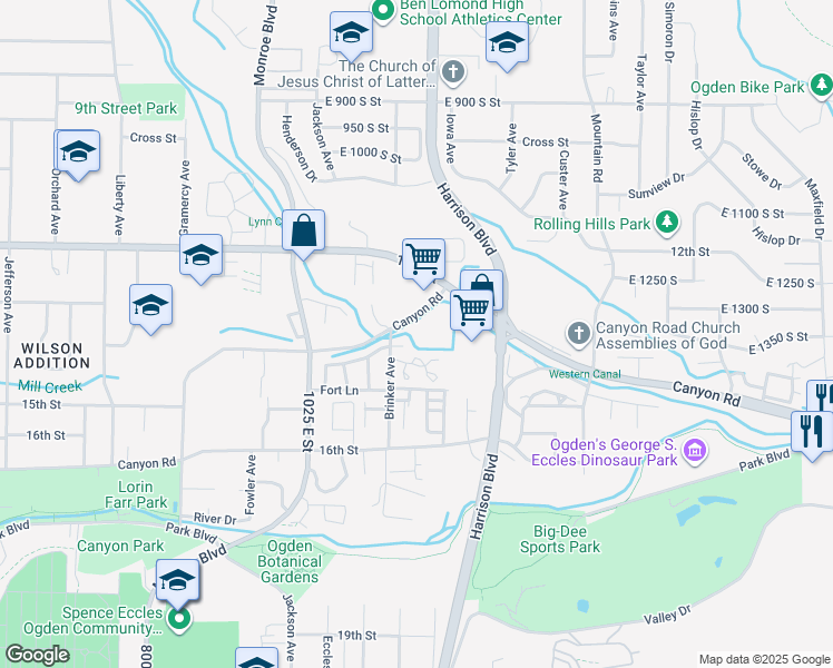 map of restaurants, bars, coffee shops, grocery stores, and more near 1175 Canyon Road in Ogden