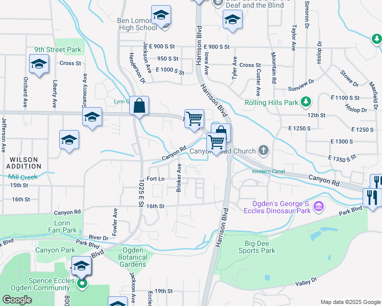 map of restaurants, bars, coffee shops, grocery stores, and more near 1175 Canyon Road in Ogden