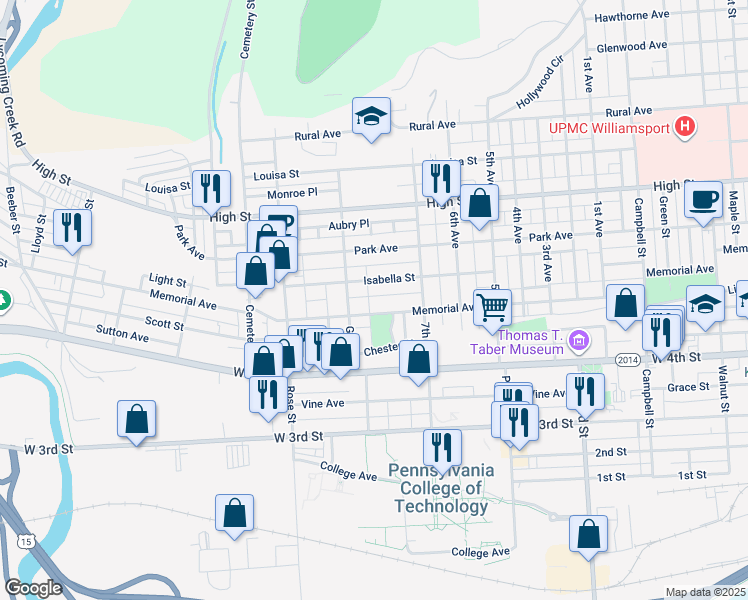 map of restaurants, bars, coffee shops, grocery stores, and more near 522 Grier Street in Williamsport