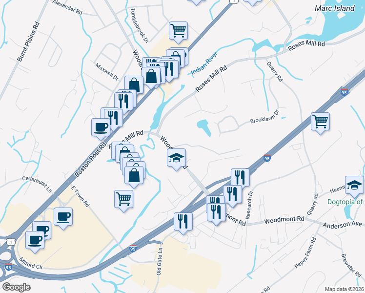 map of restaurants, bars, coffee shops, grocery stores, and more near 1 Avalon Drive in Milford