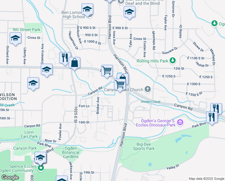 map of restaurants, bars, coffee shops, grocery stores, and more near 1208 East 1305 South in Ogden
