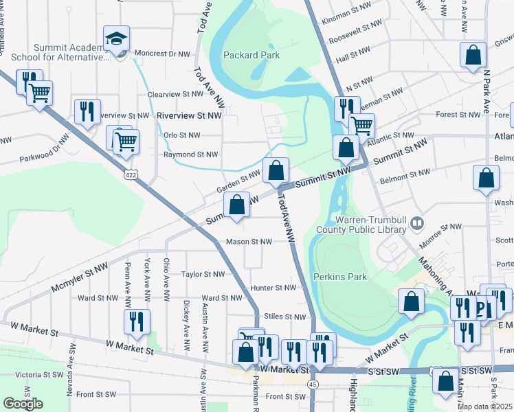 map of restaurants, bars, coffee shops, grocery stores, and more near 863 Sylvan Street Northwest in Warren