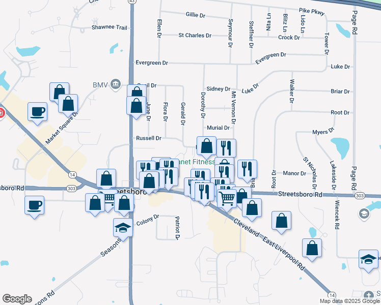 map of restaurants, bars, coffee shops, grocery stores, and more near 1482 Russell Drive in Streetsboro