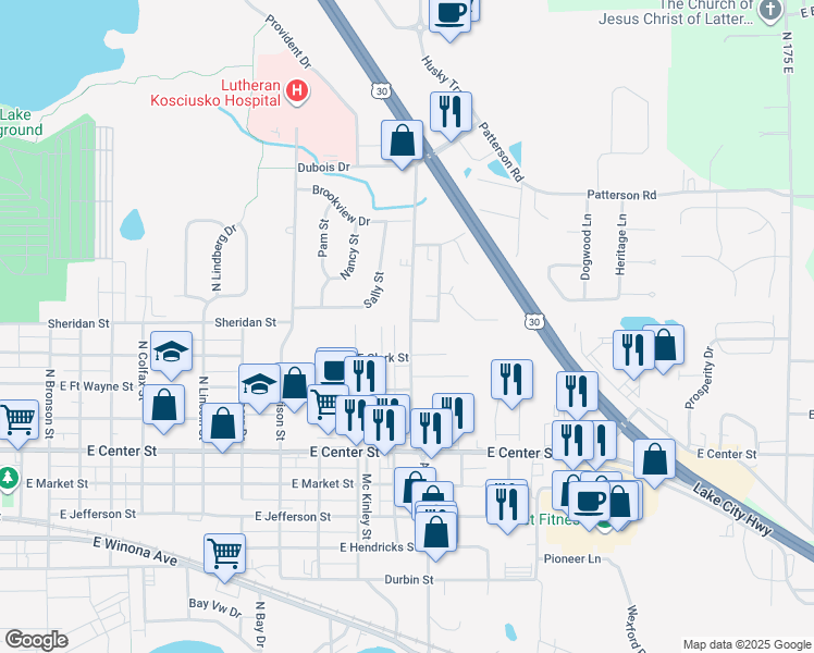 map of restaurants, bars, coffee shops, grocery stores, and more near 2421 East Clark Street in Warsaw