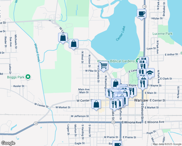 map of restaurants, bars, coffee shops, grocery stores, and more near 421 West Porter Street in Warsaw