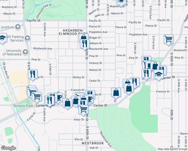 map of restaurants, bars, coffee shops, grocery stores, and more near 5815 Cedar Street in Omaha