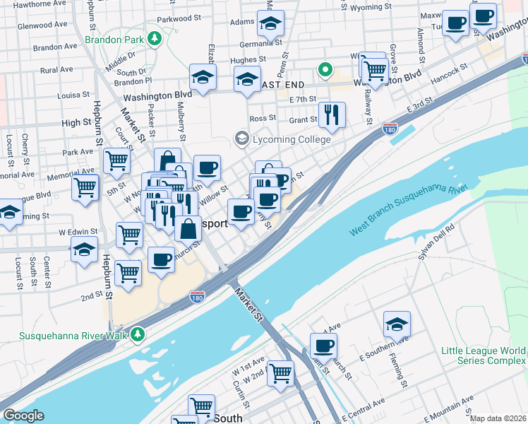 map of restaurants, bars, coffee shops, grocery stores, and more near 154 Academy Street in Williamsport