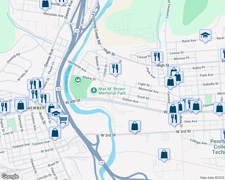 map of restaurants, bars, coffee shops, grocery stores, and more near 1634 Scott Street in Williamsport