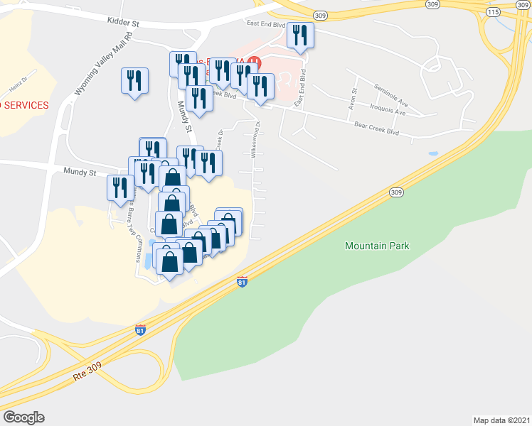 map of restaurants, bars, coffee shops, grocery stores, and more near 48 Trenton Court in Wilkes-Barre Township