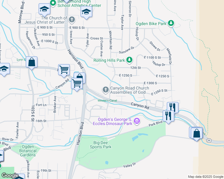 map of restaurants, bars, coffee shops, grocery stores, and more near 1419 Wild Rose Way in Ogden