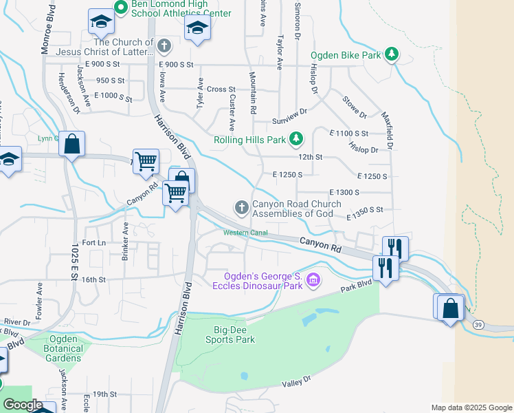 map of restaurants, bars, coffee shops, grocery stores, and more near 1419 Wild Rose Way in Ogden