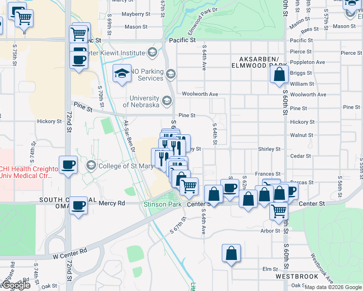 map of restaurants, bars, coffee shops, grocery stores, and more near 6510 Shirley St in Omaha