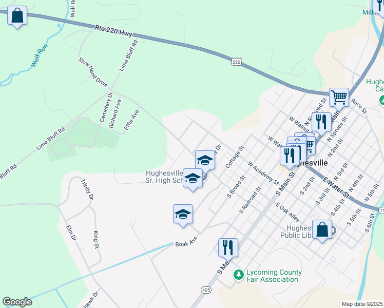 map of restaurants, bars, coffee shops, grocery stores, and more near 349 Cemetery Street in Hughesville