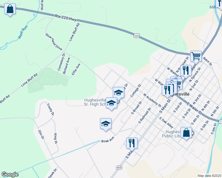 map of restaurants, bars, coffee shops, grocery stores, and more near 349 Cemetery Street in Hughesville