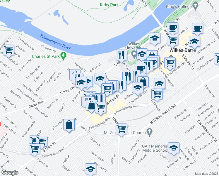 map of restaurants, bars, coffee shops, grocery stores, and more near 318 South Franklin Street in Wilkes-Barre