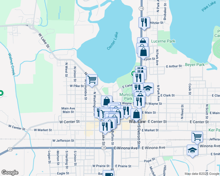 map of restaurants, bars, coffee shops, grocery stores, and more near 351 North Buffalo Street in Warsaw