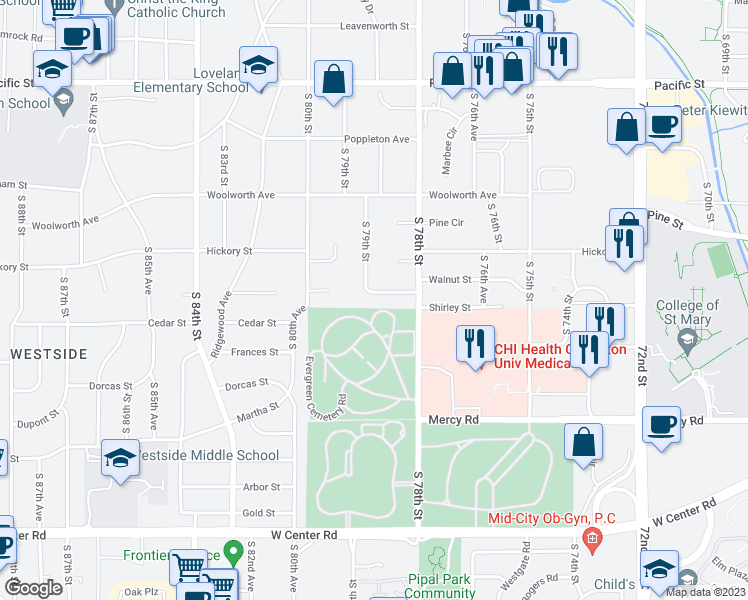 map of restaurants, bars, coffee shops, grocery stores, and more near 1710 South 79th Street in Omaha