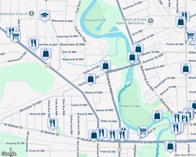 map of restaurants, bars, coffee shops, grocery stores, and more near 889 Summit Street Northwest in Niles