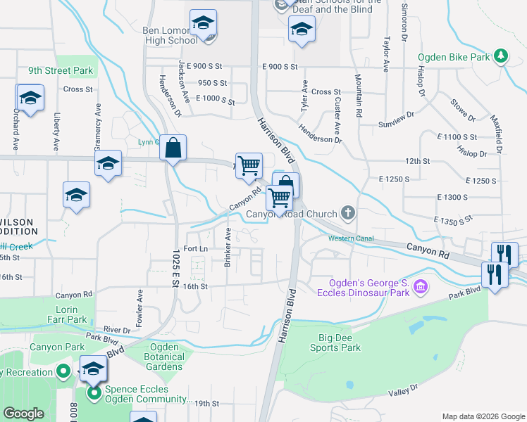 map of restaurants, bars, coffee shops, grocery stores, and more near 1198 East 1390 South in Ogden