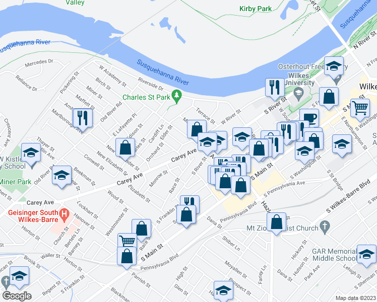 map of restaurants, bars, coffee shops, grocery stores, and more near 29 Carey Avenue in Wilkes-Barre