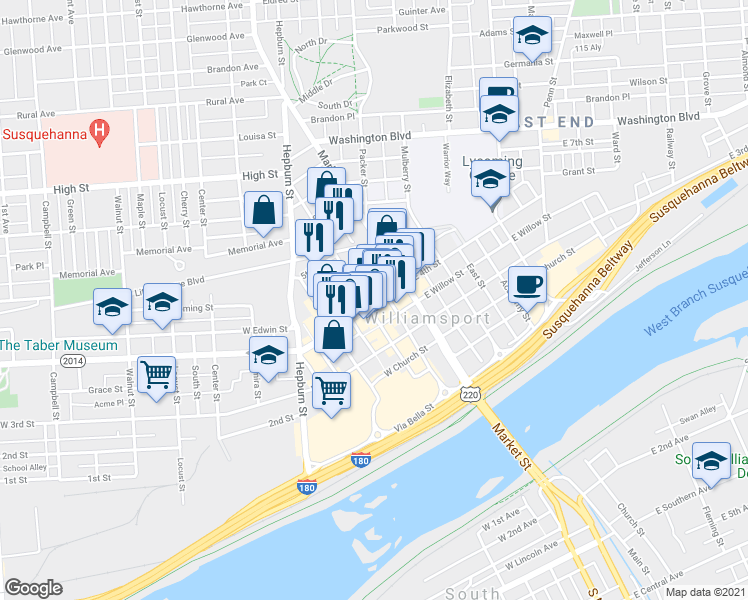 map of restaurants, bars, coffee shops, grocery stores, and more near 44 West 4th Street in Williamsport