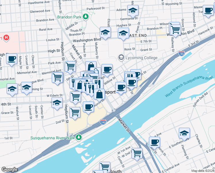 map of restaurants, bars, coffee shops, grocery stores, and more near 33 East 3rd Street in Williamsport