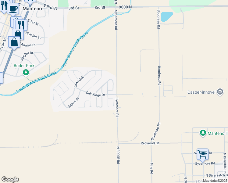 map of restaurants, bars, coffee shops, grocery stores, and more near 1099 Oak Ridge Drive in Manteno