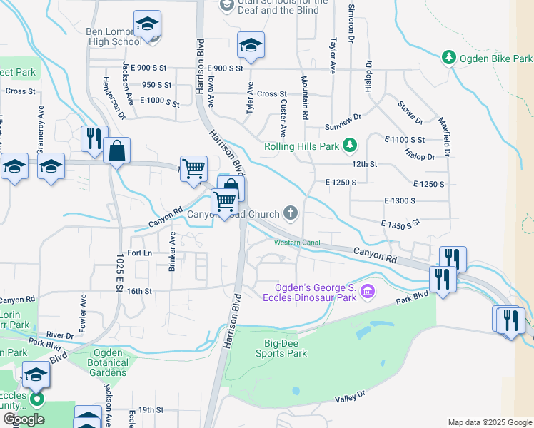map of restaurants, bars, coffee shops, grocery stores, and more near 1336 Canyon Road in Ogden