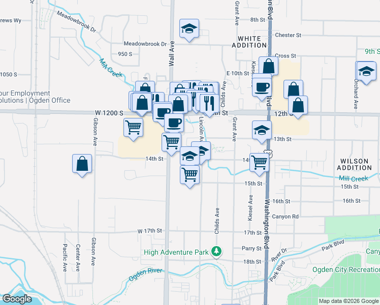 map of restaurants, bars, coffee shops, grocery stores, and more near 1325 Lincoln Avenue in Ogden