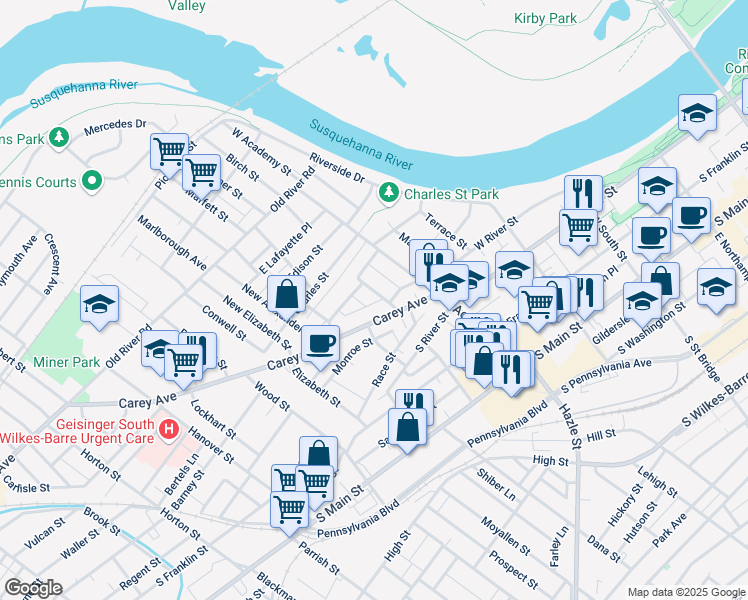 map of restaurants, bars, coffee shops, grocery stores, and more near 1 Orchard Street in Wilkes-Barre