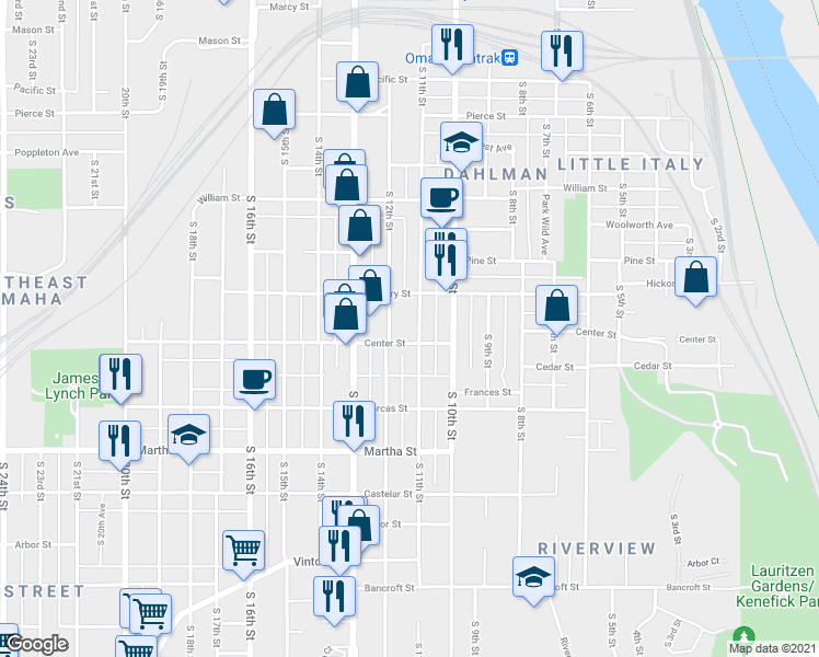 map of restaurants, bars, coffee shops, grocery stores, and more near 1710 South 11th Street in Omaha
