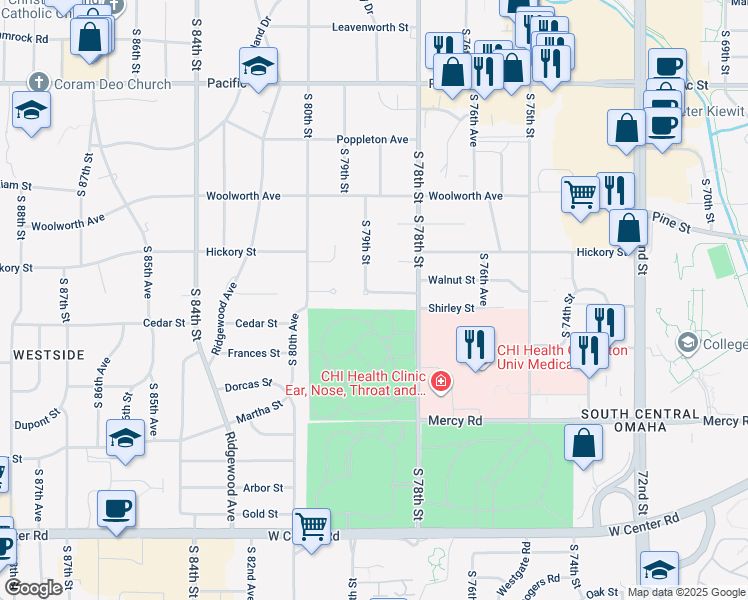 map of restaurants, bars, coffee shops, grocery stores, and more near 1710 South 79th Street in Omaha