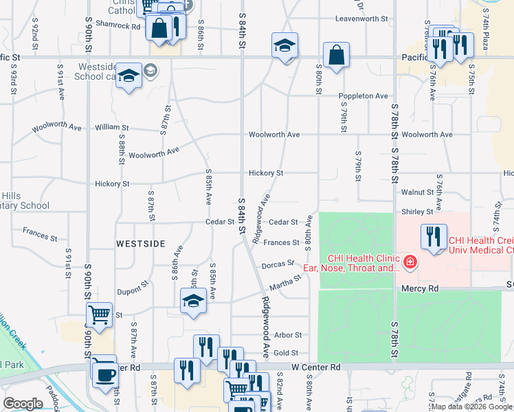 map of restaurants, bars, coffee shops, grocery stores, and more near 1718 Ridgewood Avenue in Omaha