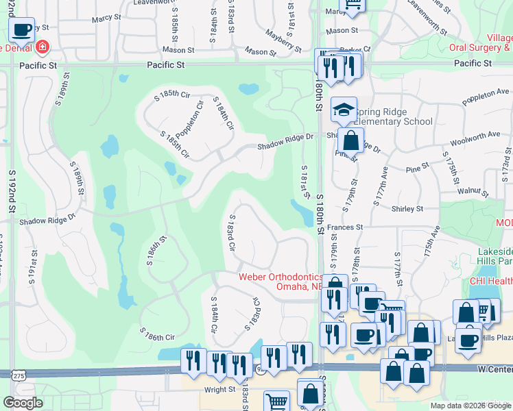 map of restaurants, bars, coffee shops, grocery stores, and more near 1521 South 182nd Circle in Omaha