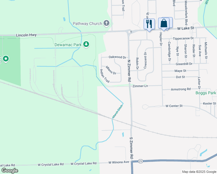 map of restaurants, bars, coffee shops, grocery stores, and more near Chinworth Bridge Trail in Warsaw