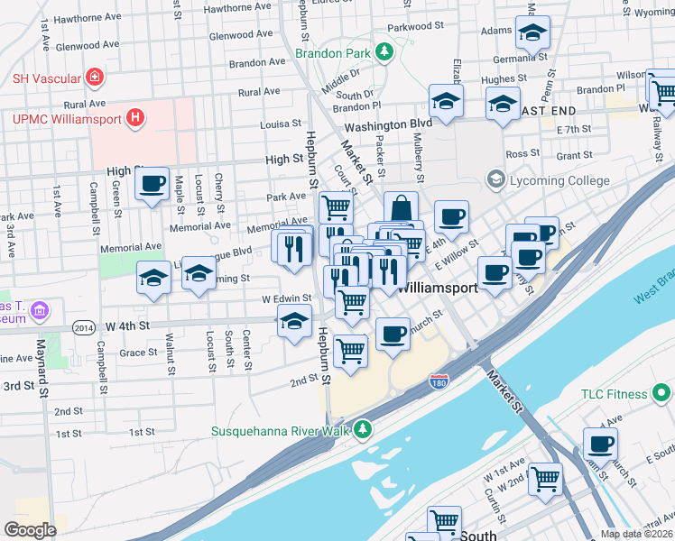 map of restaurants, bars, coffee shops, grocery stores, and more near 460 William Street in Williamsport