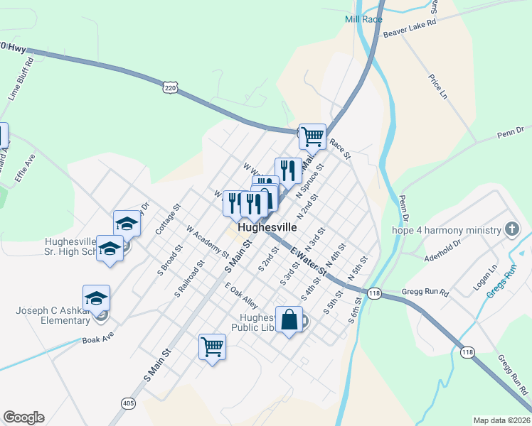 map of restaurants, bars, coffee shops, grocery stores, and more near 75 North Main Street in Hughesville