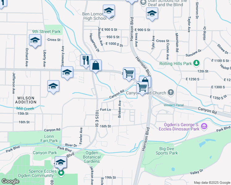 map of restaurants, bars, coffee shops, grocery stores, and more near 1120 Canyon Road in Ogden