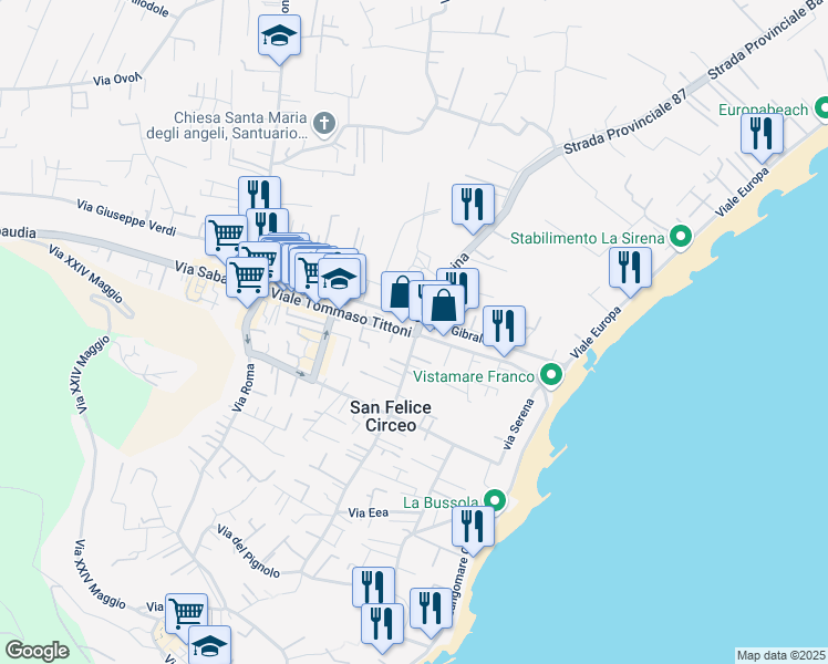 map of restaurants, bars, coffee shops, grocery stores, and more near S.P. Badino in San Felice Circeo